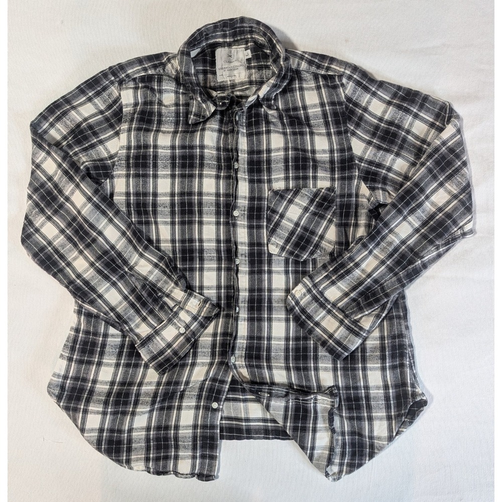 American Colors Alex Lehr Black White Plaid Cotton Flannel Button Down L USA